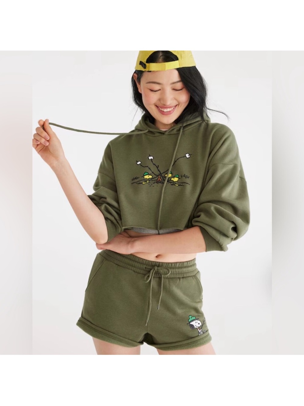 Olive Green Cropped Hoodie with Campfire Woodstock - Picture 5 of 8